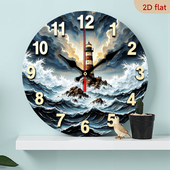 A 10-inch wall-mounted clock, featuring a theme of a wave-lit lighthouse, with thick clouds as the background, creating a tense yet soothing atmosphere.