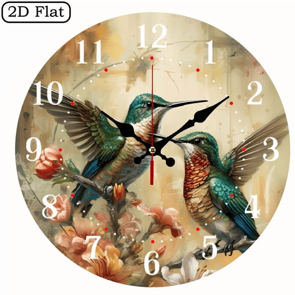 A 10-inch wall-mounted clock, its surface decorated with an impressionist-style painting depicting an oil painting featuring a composition of hummingbirds and flowers.