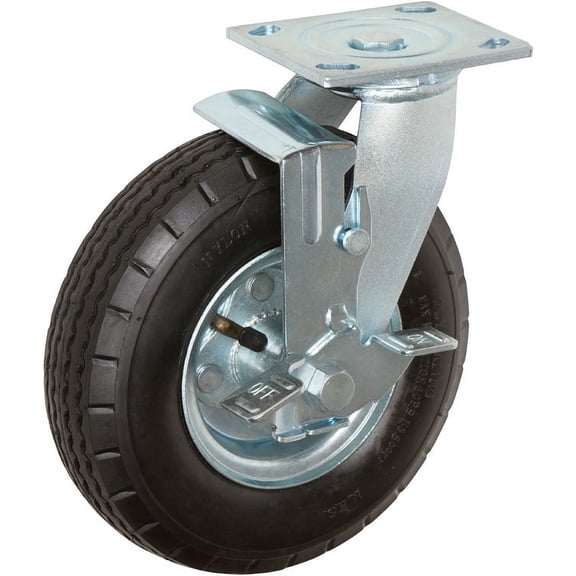 10 inch x 3.5 inch PNU Pneumatic Inflatable Industrial Top Plate Caster, 1 Swivel Top Lock Brake Caster, 500 LBS Load Capacity, BLACK (Single) - ICON 6600 Series