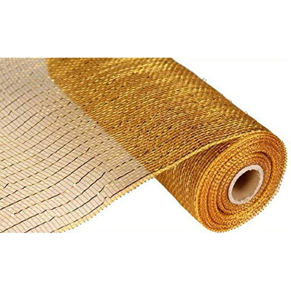 10 inch x 30 feet Deco Poly Mesh Ribbon - Gold/Brown with Metallic Gold Foil