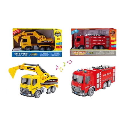 10 inches Battery Operated Friction Rescue & Construction Trucks With Light & Sound - 2 Packs