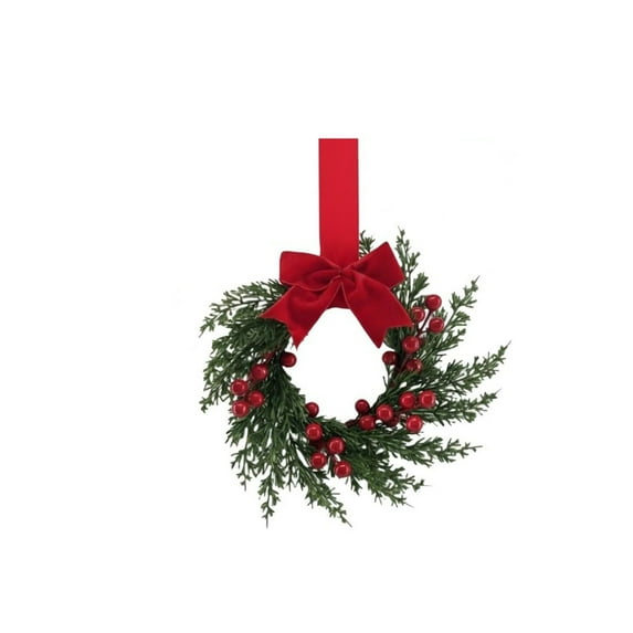 10 inches Christmas Mini Wreaths, Small Artificial Pine Cabinet Rings with Bows and Berries, Holiday Door and Window Decor, Hanging Indoor Outdoor Decorations,Red