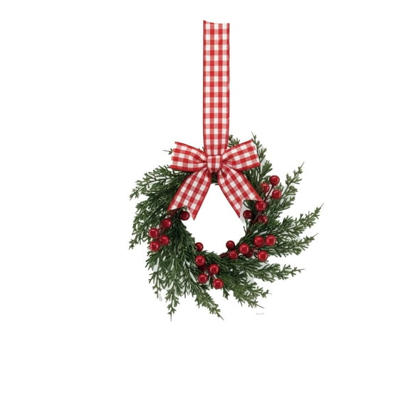10 inches Christmas Mini Wreaths, Small Artificial Pine Cabinet Rings with Bows and Berries, Holiday Door and Window Decor, Hanging Indoor Outdoor Decorations,White