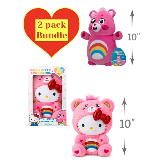 10-inches Sanrio Hello Kitty Loves Cheer Bear Collectible Plush Toys & 10-inches Original Squishmallows HugMees Care Bears Cheer Bear Plush Toys Bundle of 2 Characters