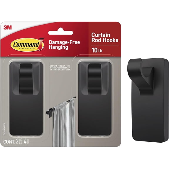 10 lb Matte Black Curtain Rod Hooks, 2 Hooks and 4 Strips, No Drilling Home Decor Room Decor, Use with Diameters 0.5-0.75" | lb, Damage Free, Rods Hangers,