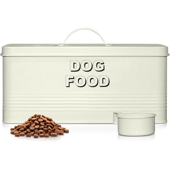 10 lb Rectangular Off-White Metal Pet Food Storage Container with Scoop