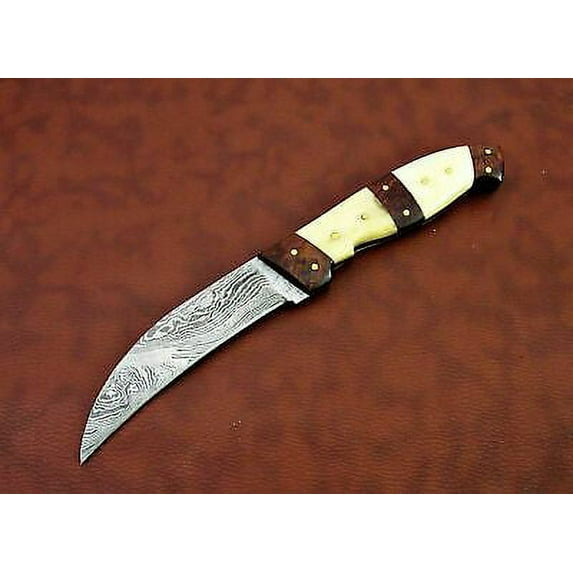 10" long Damascus steel Peeler Knife 4.5" cutting edge, wood & Bone scale