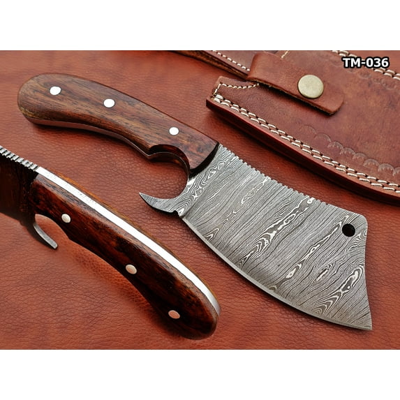 10" long hand forged Twist Pattern Damascus steel Butcher Meat cleaver, Natural walnut wood scale, Cow hide Leather sheath included (Brown)