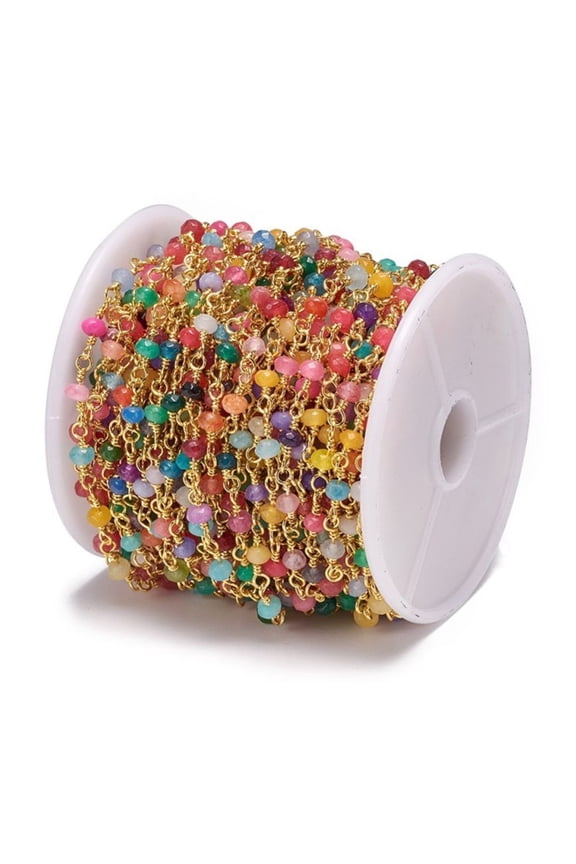 10 m Handmade Natural Dyed Jade Beaded Chains Unwelded with Brass Findings with Spool Faceted Rondelle Golden 4x3mm 32.8 Feet(10m)/roll