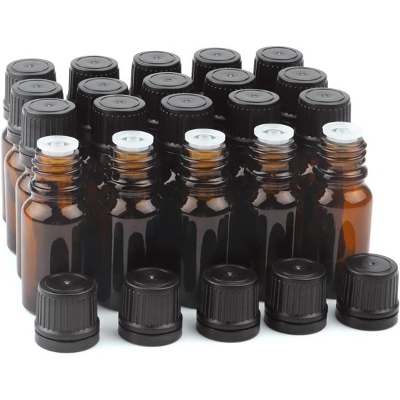 10 ml(1/3 oz) Sample Glass Bottles For Essential Oils 20 Pcs Empty Dropper Vials With Orifice Reducers DIY Perfume Aromatherapy Fragrance Cosmetic (amber)