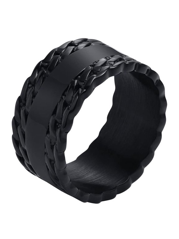 10 mm Black Men Ring Double Cuban Chain Finger Band Stainless Steel Wide Wedding Cool Male Jewelry