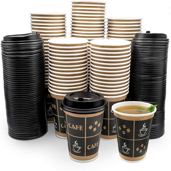 [10 oz - 100 Sets with Lids] Paper Disposable Hot Coffee Cups with Resealable Lids Leak-Free To Go