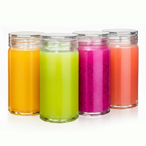 10 oz 4 Pack Wide Mouth Borosilicate Glass Water Bottles for Juicing, Smoothies and Beverage Storage