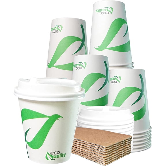 10 oz Compostable Paper Cups with White Dome Lids and Sleeves - Biodegradable Disposable White Paper Coffee Cups PLA Lined - Eco-friendly Hot and Cold Drinking Cups (50)