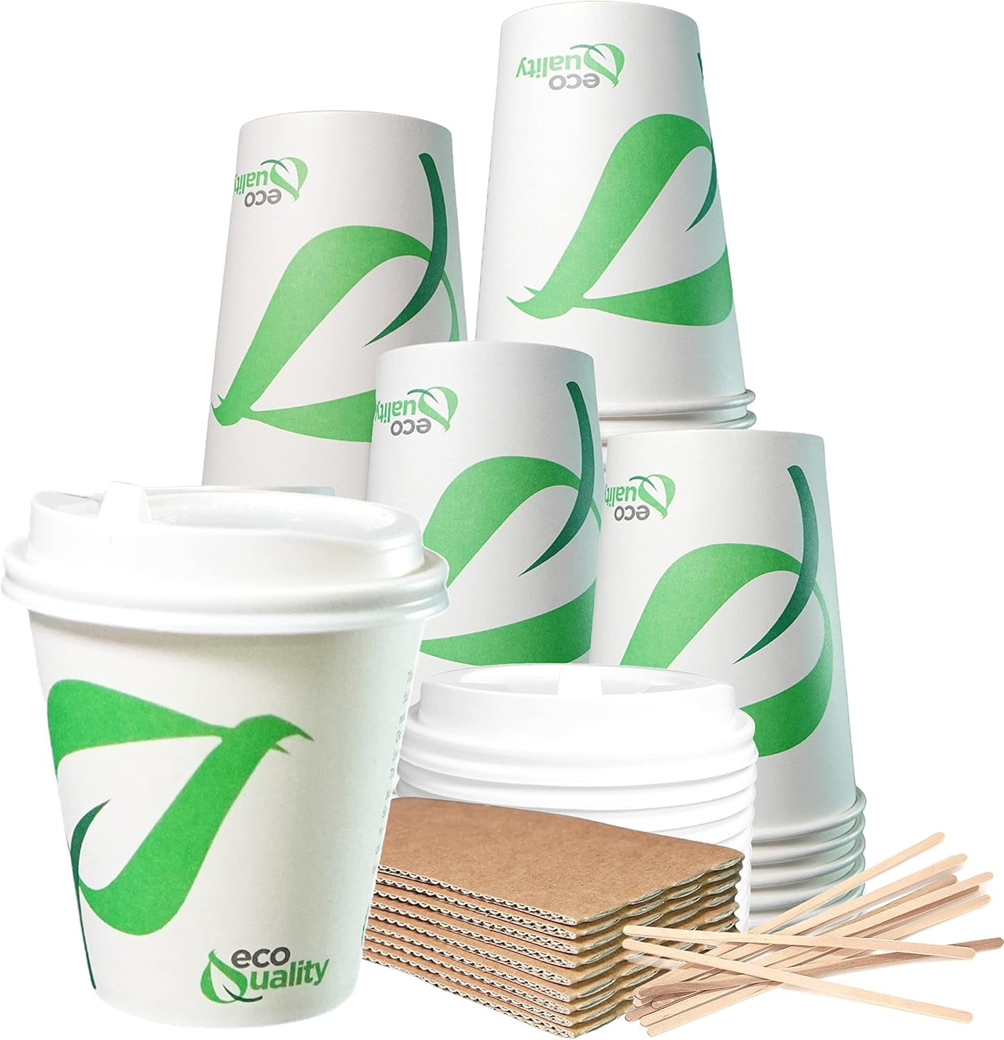 10 oz Compostable Paper Cups with White Dome Lids, Sleeves and Wooden ...