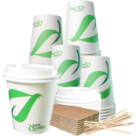 10 oz Compostable Paper Cups with White Dome Lids, Sleeves and Wooden Stirrers - Biodegradable Disposable White Paper Coffee Cups PLA Lined - Eco-friendly Hot and Cold Drinking Cups (25)