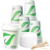 10 oz Compostable Paper Cups with White Dome Lids and Wooden Stirrers - Biodegradable Disposable White Paper Coffee Cups PLA Lined - Eco-friendly Hot and Cold Drinking Cups (25)