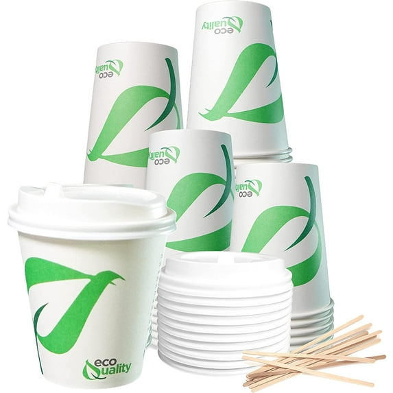 10 oz Compostable Paper Cups with White Dome Lids and Wooden Stirrers - Biodegradable Disposable White Paper Coffee Cups PLA Lined - Eco-friendly Hot and Cold Drinking Cups (200)