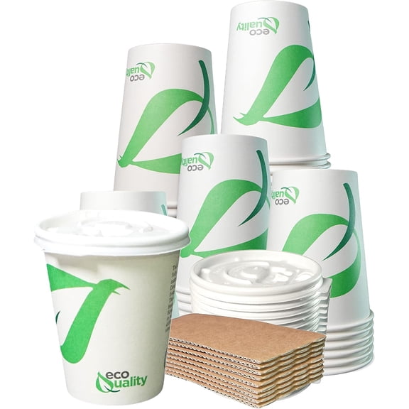 10 oz Compostable Paper Cups with White Flat Lids and Sleeves - Biodegradable Disposable White Paper Coffee Cups PLA Lined - Eco-friendly Hot and Cold Drinking Cups (100)