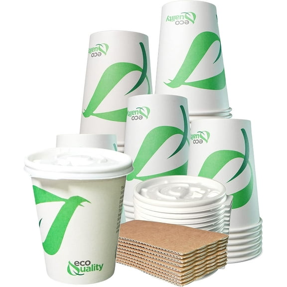 10 oz Compostable Paper Cups with White Flat Lids and Sleeves - Biodegradable Disposable White Paper Coffee Cups PLA Lined - Eco-friendly Hot and Cold Drinking Cups (25)