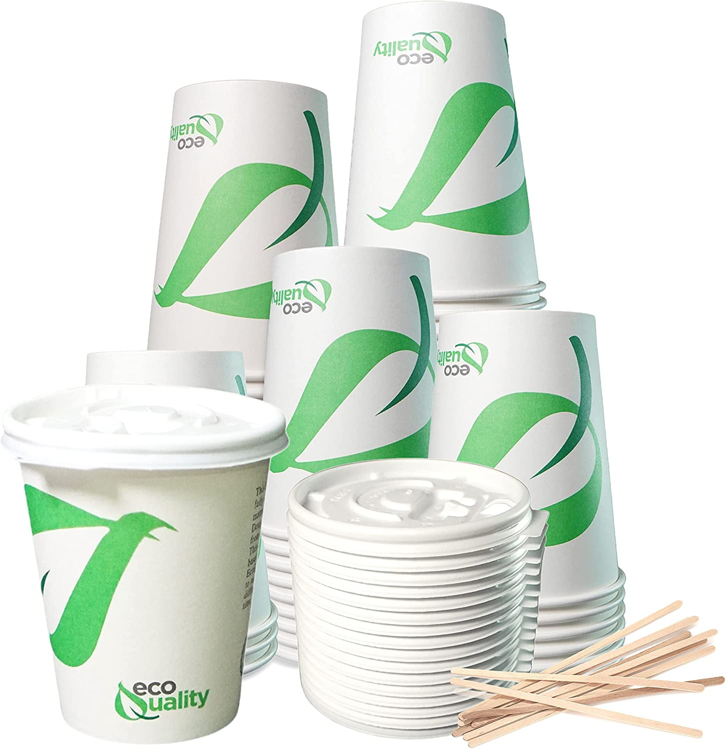 10 oz Compostable Paper Cups with White Flat Lids and Wooden Stirrers ...