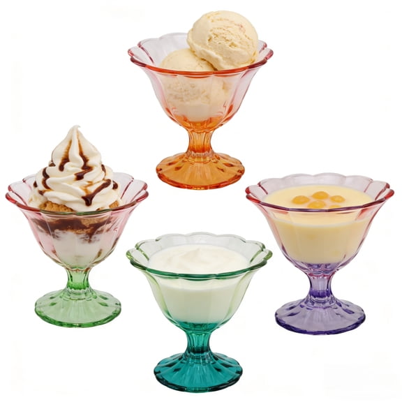 10 oz Glass Dessert Bowls Set of 4, Footed Ice Cream Sundae Cups, Assorted Colored Glass Bowls for Dessert & Fruit