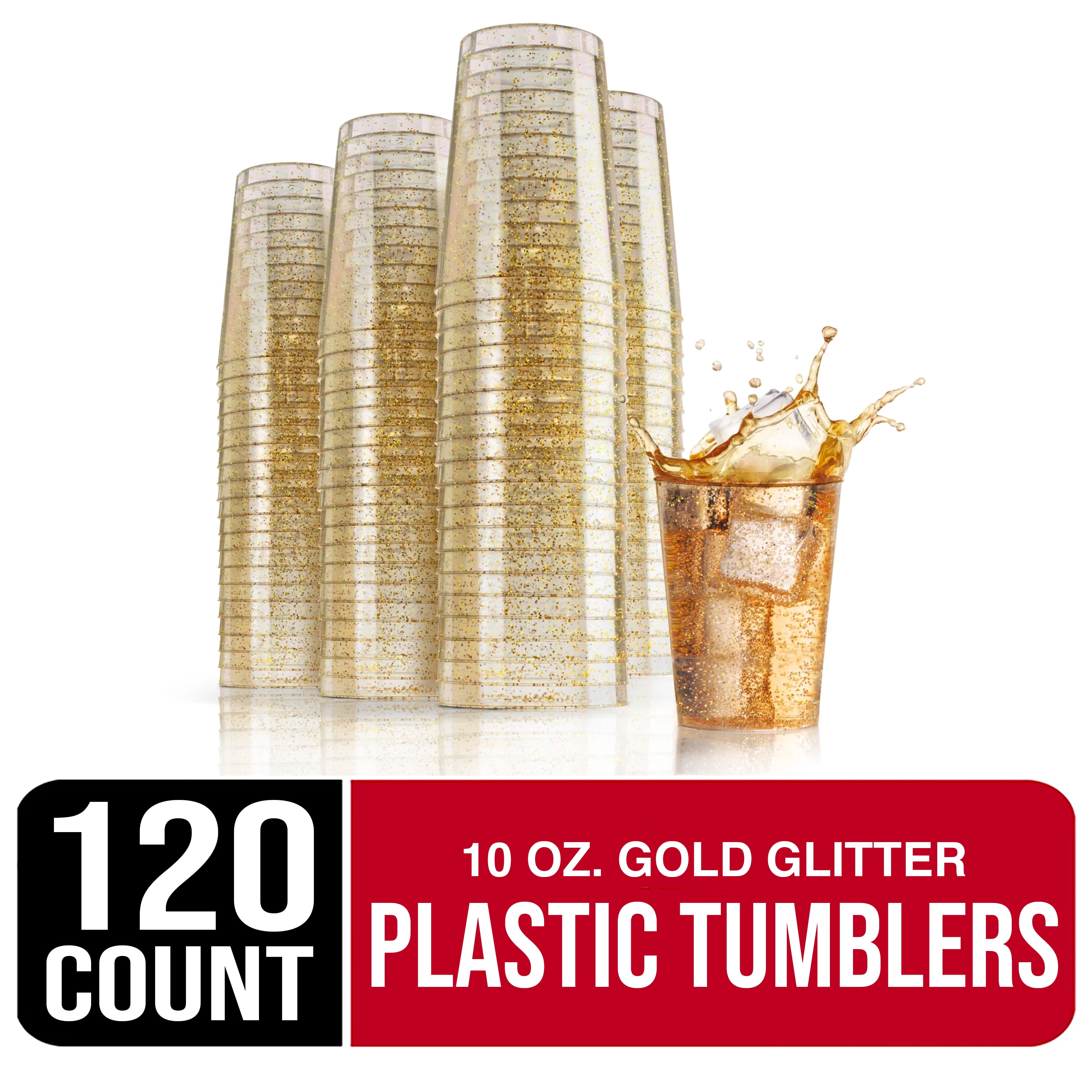 10 oz. Gold Glitter Clear Plastic Cups Holiday Tumblers - Hard Plastic ...