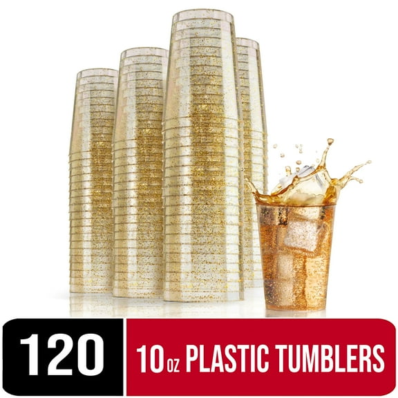 10 oz. Gold Glitter Clear Plastic Cups Holiday Tumblers - Hard Plastic Disposable Wedding Cups - 120 Count