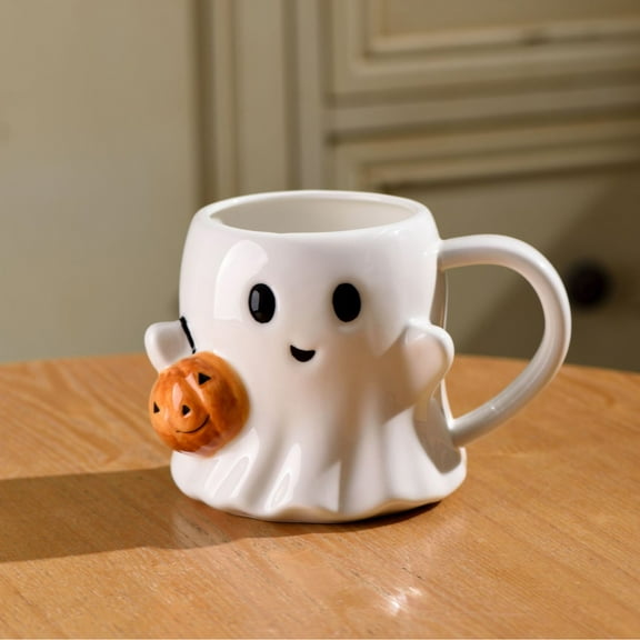 10 oz Halloween Novelty Ghost Mug, 3D Cute Ceramic Coffee Cup, Halloween Ghost Pumpkin Decor for Party Supplies, for Halloween Christmas Birthday White Elephant Gifts for Coffee Milk Lover