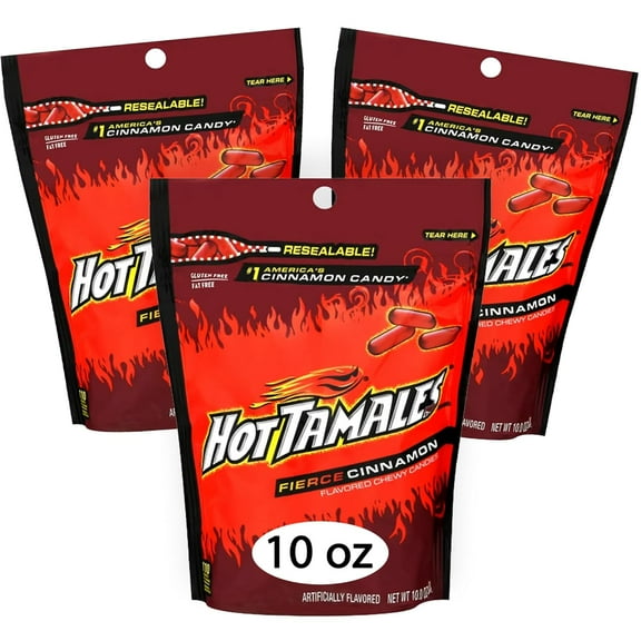 10 oz Hot Tamales Fierce Cinnamon Chewy Candy (Pack of 3) - Spicy Hot Tamales Cinnamon Candy Bulk Bundled by Yummyland - Chewy Red Candy
