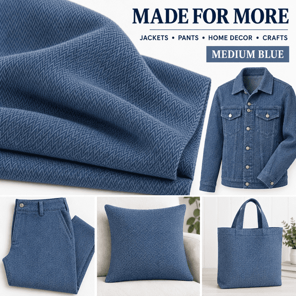 10 oz Heavyweight Stretch Denim Fabric, Medium Blue, 71" Extra Wide Precut 1 Yard Cotton Blend Cloth for Sewing, Apparel, Home Decor & Crafts