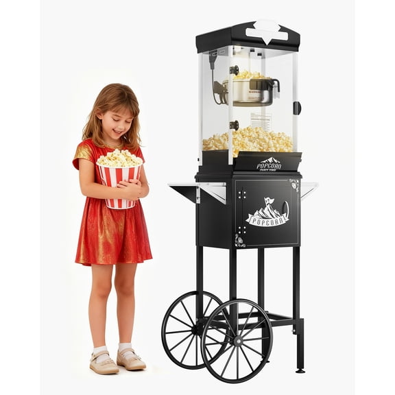 10 oz Popcorn Machine Cart, Popcorn Maker Machine with Wheel&Stainless-Steel Kettle Makes Up to 40 Cups, Vintage Movie Theater Style Pop Corn Machine, Black