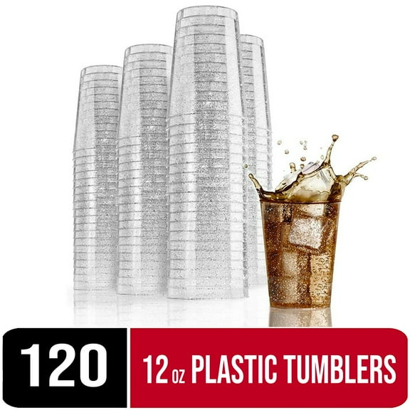 10 oz. Silver Glitter Clear Plastic Cups Holiday Tumblers - Hard Plastic Disposable Wedding Cups - 120 Count