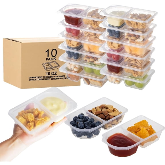 10 oz Snack Containers with for , 2 Compartment Large Capacity Condiment Portion Control Containers for School lunch, Go out Travel, Party