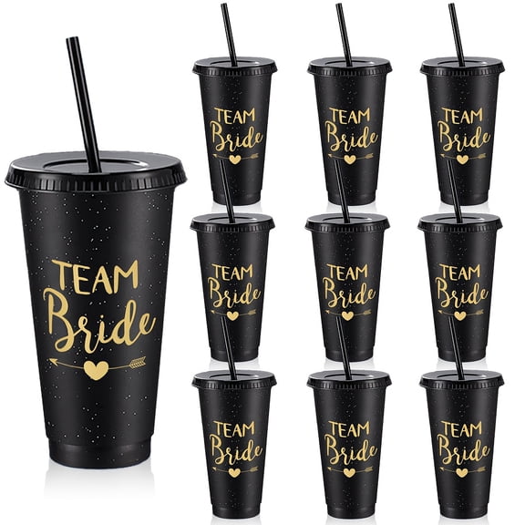 10-pack 24-ounce wedding party cups with straws and lids, reusable glittery bridesmaid cups, bride cups, plastic travel cups, bachelorette party supplies, gifts, engagement, party, summer hydration,