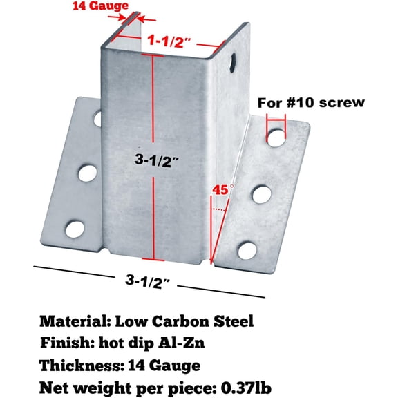 10-pack 45-degree beam corner bracket, suitable for 2x4 lumber, 14-gauge steel