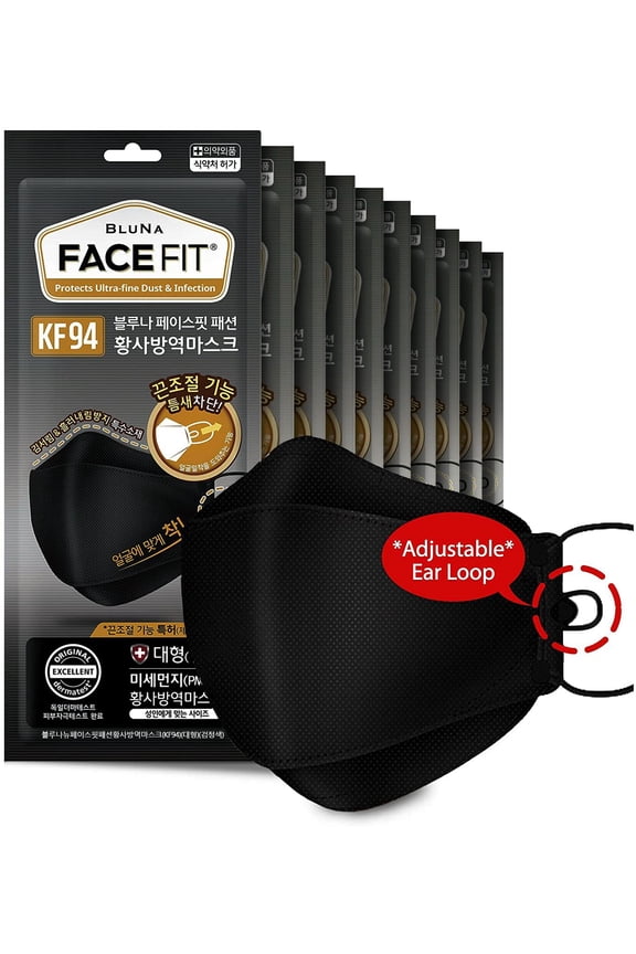 [10-pack] ::Authentic:: BLUNA [BLACK] KF94 Facefit Ergonomic 3D Adjustable Strap Premium Korean Face Mask [Large][Made in Korea]