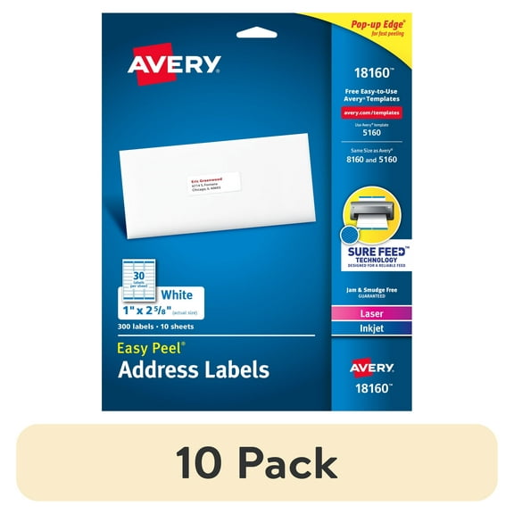 (10 pack) Avery Address Labels, 1" x 2-5/8", Paper, Matte White, Laser/Inkjet, Sure Feed, 300 Labels (18160)