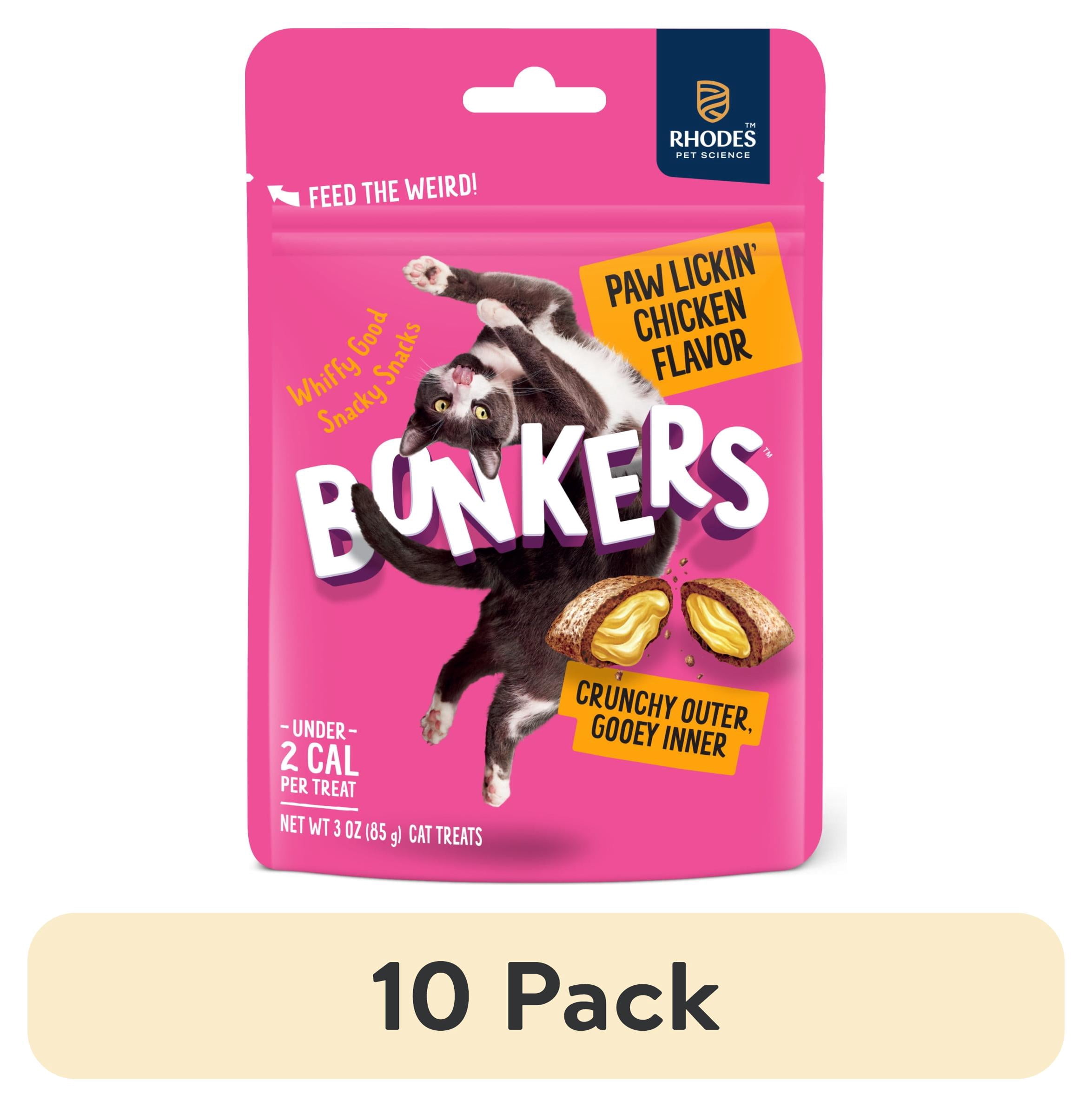 (10 pack) BONKERS Bites Paw Lickin' Chicken Flavor Crunchy & Soft Treats for Cats, 3oz Bag