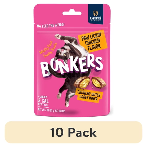 (10 pack) BONKERS Bites Paw Lickin' Chicken Flavor Crunchy & Soft Treats for Cats, 3oz Bag