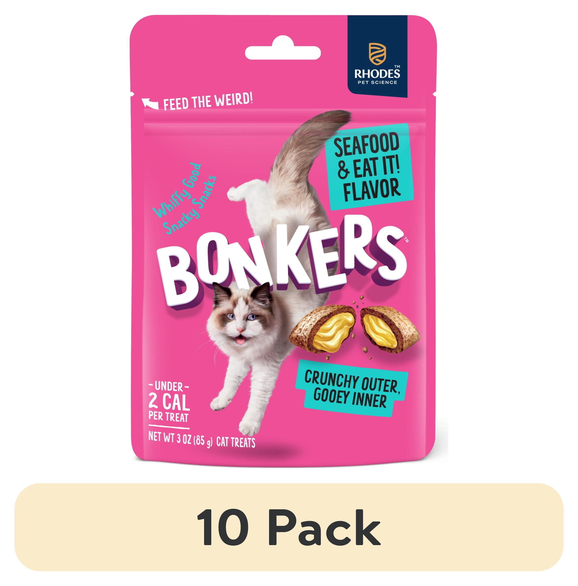 (10 pack) BONKERS Bites Seafood & Eat It Flavor Crunchy & Soft Treats for Cats, 3oz Bag