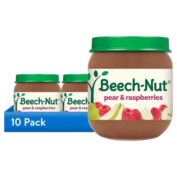 (10 pack) Beech-Nut Stage 2 Baby Food, Pear & Raspberries, 4 oz Jar
