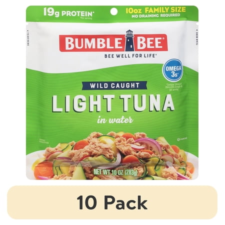 (10 pack) Bumble Bee Chunk Light Tuna in Water, Wild Caught Skipjack Tuna, Gluten Free, 19g Protein per Serving, Family Size, Shelf Stable Pouch, 10 oz