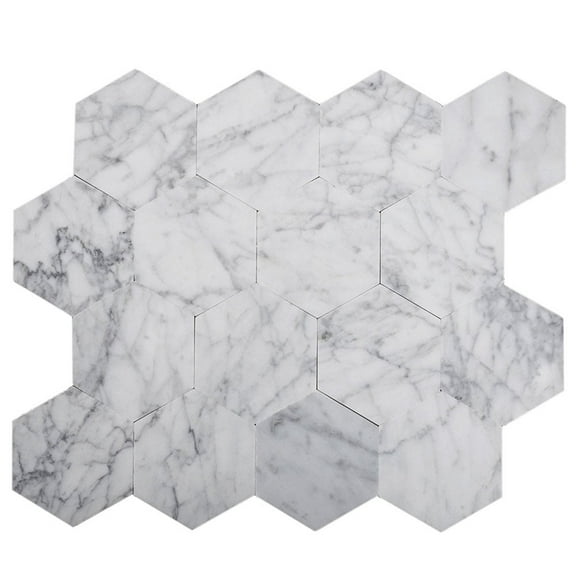 10 pack Carrara Hexagon 10.25 in. x 9 in. Honed Metal Peel and Stick Tile for Kitchen and Bathroom (6.41 sq. ft./ Case)