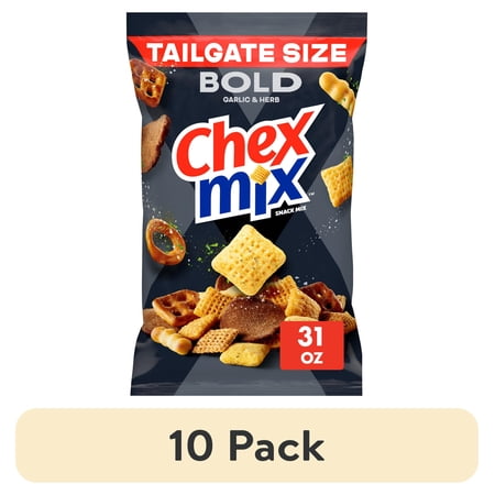 (10 pack) Chex Mix Bold Garlic and Herb Snack Mix, Snacks, Tailgate Size, 31 oz