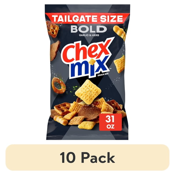 (10 pack) Chex Mix Bold Garlic and Herb Snack Mix, Snacks, Tailgate Size, 31 oz