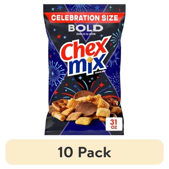 (10 pack) Chex Mix Bold Garlic and Herb Snack Mix, Snacks, Tailgate Size, 31 oz