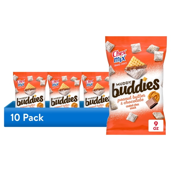 (10 pack) Chex Mix Muddy Buddies Peanut Butter and Chocolate Snack Mix, Snacks, 9 oz