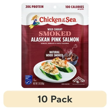 (10 pack) Chicken of the Sea Wild Caught Smoked Alaskan Pink Salmon Packet, Natural Wood Smoke Flavor 3 oz