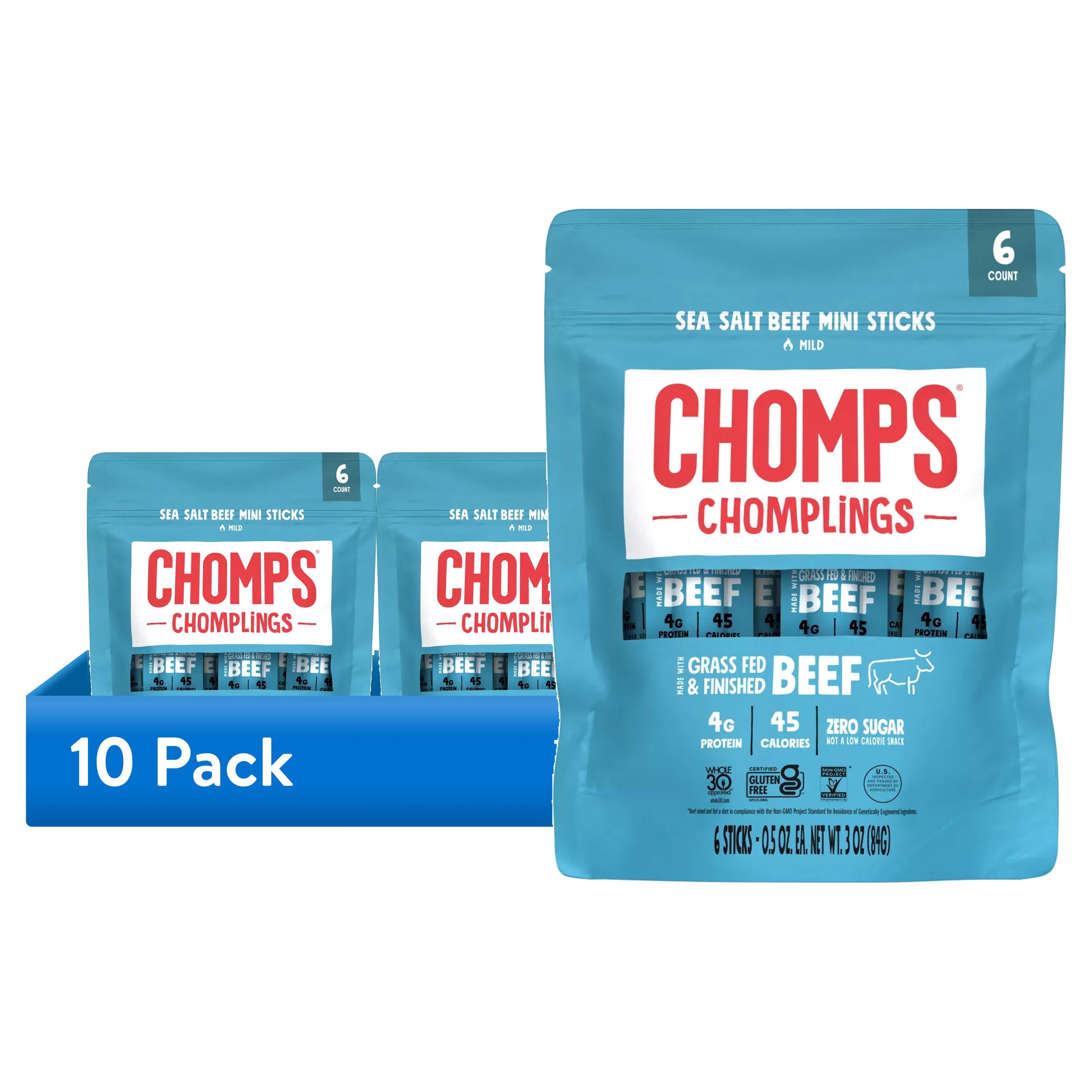 (10 pack) Chomplings Sea Salt Beef Mini Jerky Meat Sticks, 4g of Protein (6 Count)